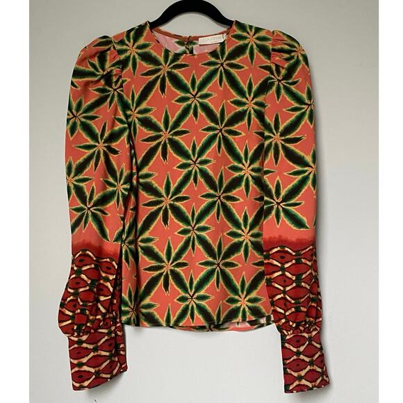 NWT Ulla Johnson Lilliana Crepe Blouse Fresco Orange Green Geometric Print Top 2 - Picture 5 of 8